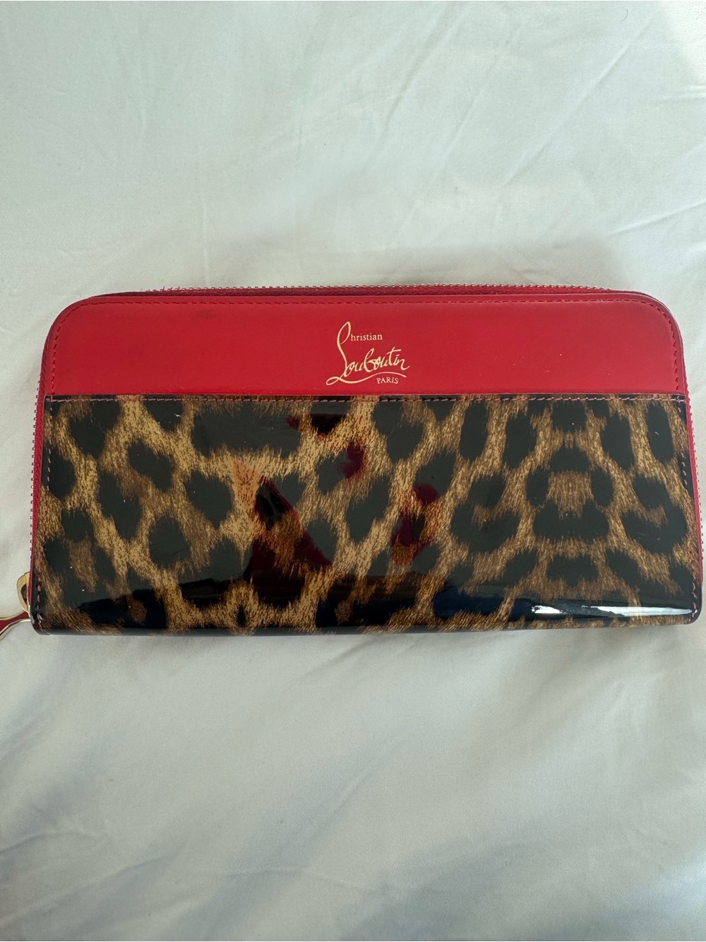 Christian Louboutin Red and Leopard Patent Zip Around Wallet